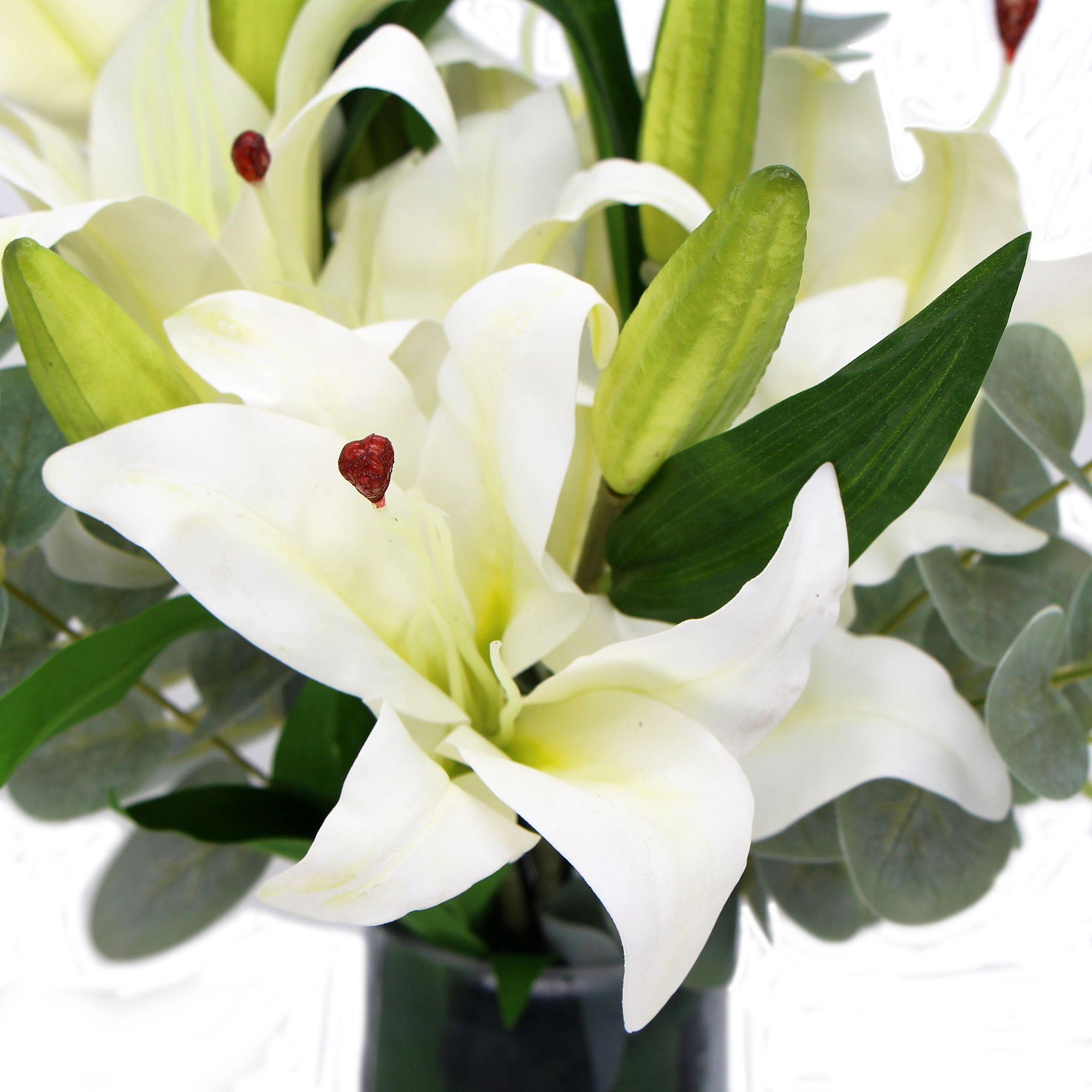 Premium Faux White Lily In Glass Vase (Tiger Lily Bouquet With Eucalyptus) - John Cootes