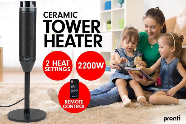Pronti Electric Tower Heater 2000W Ceramic Portable Remote - Black - John Cootes