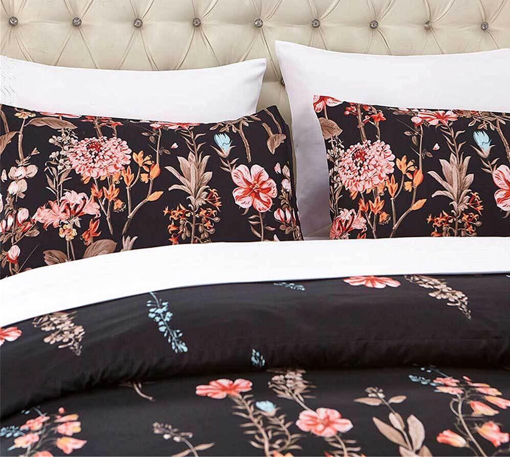 Queen Size 3pcs Floral Black Quilt Cover Set(3PCS) - John Cootes