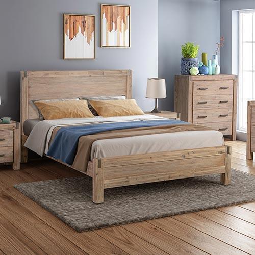 Queen size Bed Frame in Solid Acacia Veneered Medium High Headboard in Oak - John Cootes