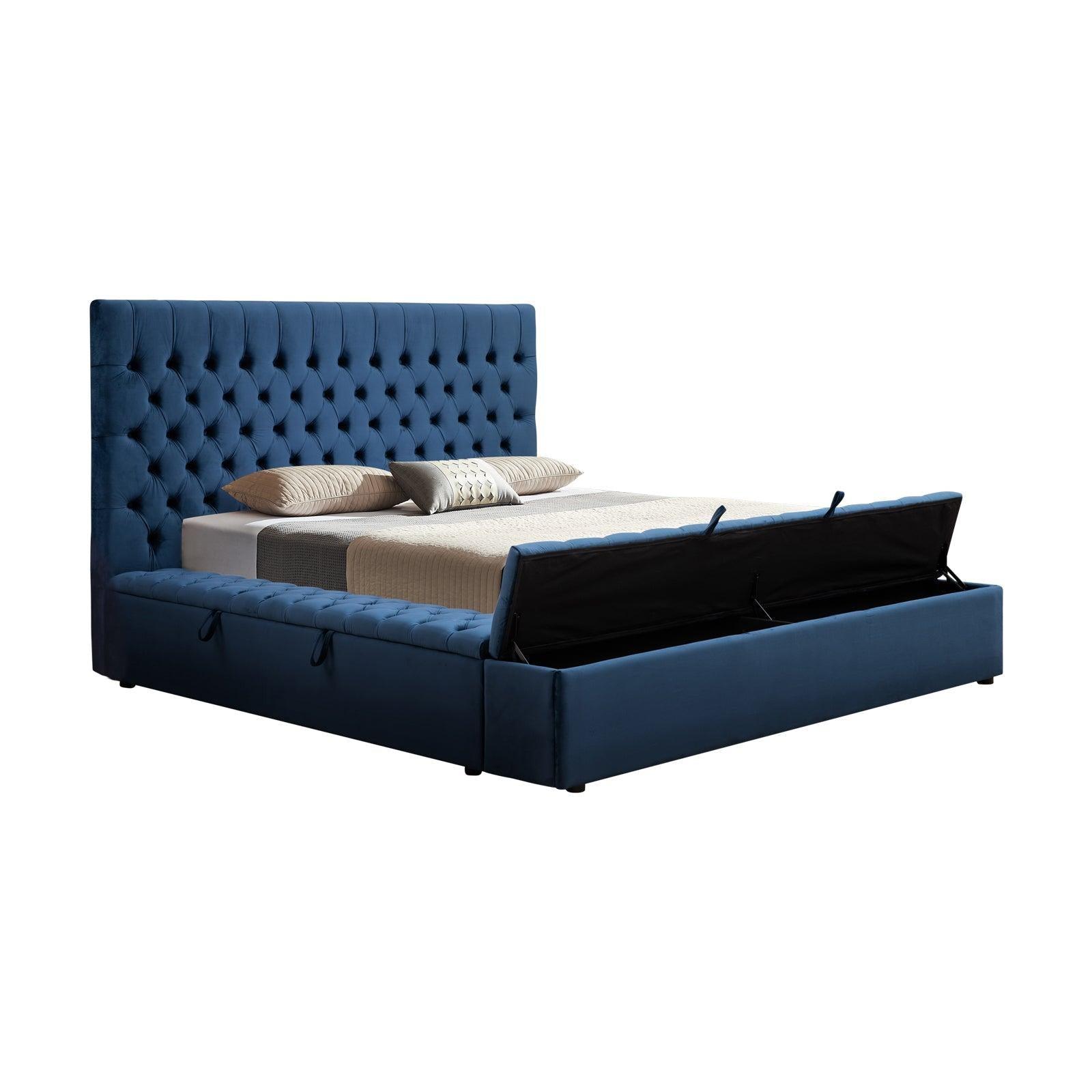 Queen Size Bedframe Velvet Upholstery Deep Blue Colour Tufted Headboard Deep Quilting - John Cootes