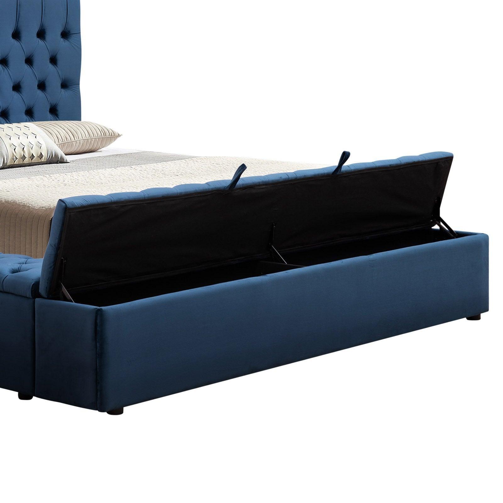 Queen Size Bedframe Velvet Upholstery Deep Blue Colour Tufted Headboard Deep Quilting - John Cootes