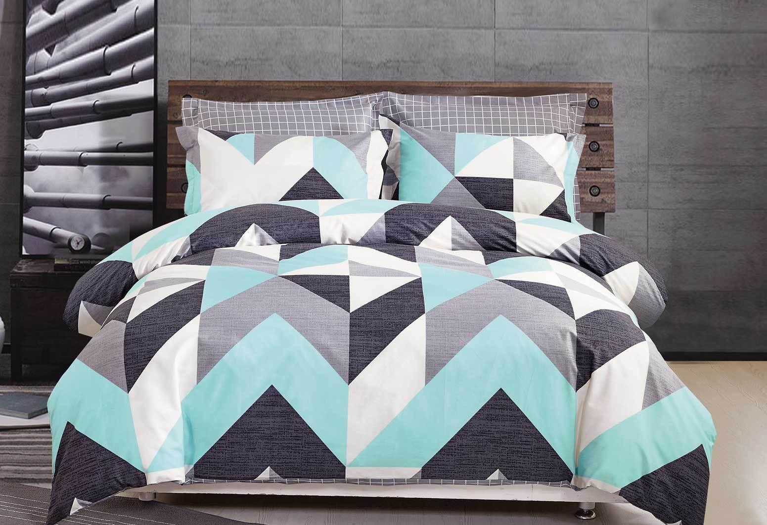 Queen Size Cotton Aqua Zig Zag Quilt Cover Set (3PCS) - John Cootes