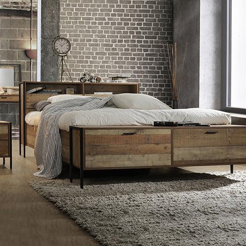 Queen Size Storage Bed Farme in Oak Colour with Particle Board Contraction and Metal Legs - John Cootes