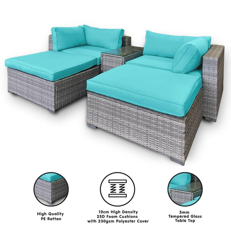 Rattan Outdoor 5pc Corner Chairs Ottoman Furniture Lounge - Aqua - John Cootes