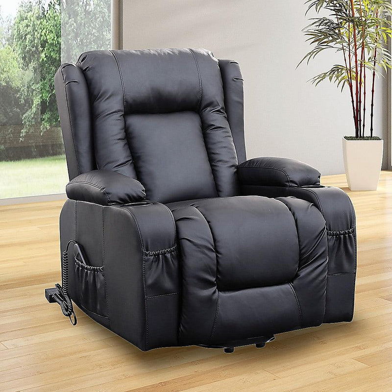 Recliner Chair Electric Massage Chair Lift Heated Leather Lounge Sofa Black - John Cootes