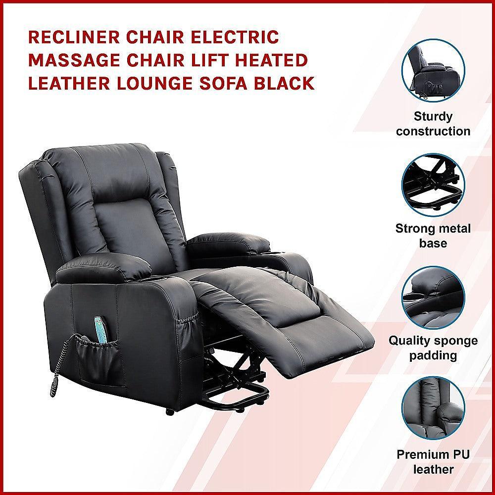 Recliner Chair Electric Massage Chair Lift Heated Leather Lounge Sofa Black - John Cootes