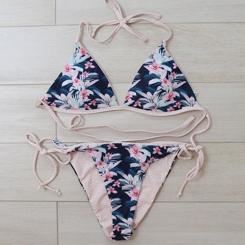 Reversible Bikini Set-Triangle Side Tie-Tahitian Sunset-Small - John Cootes