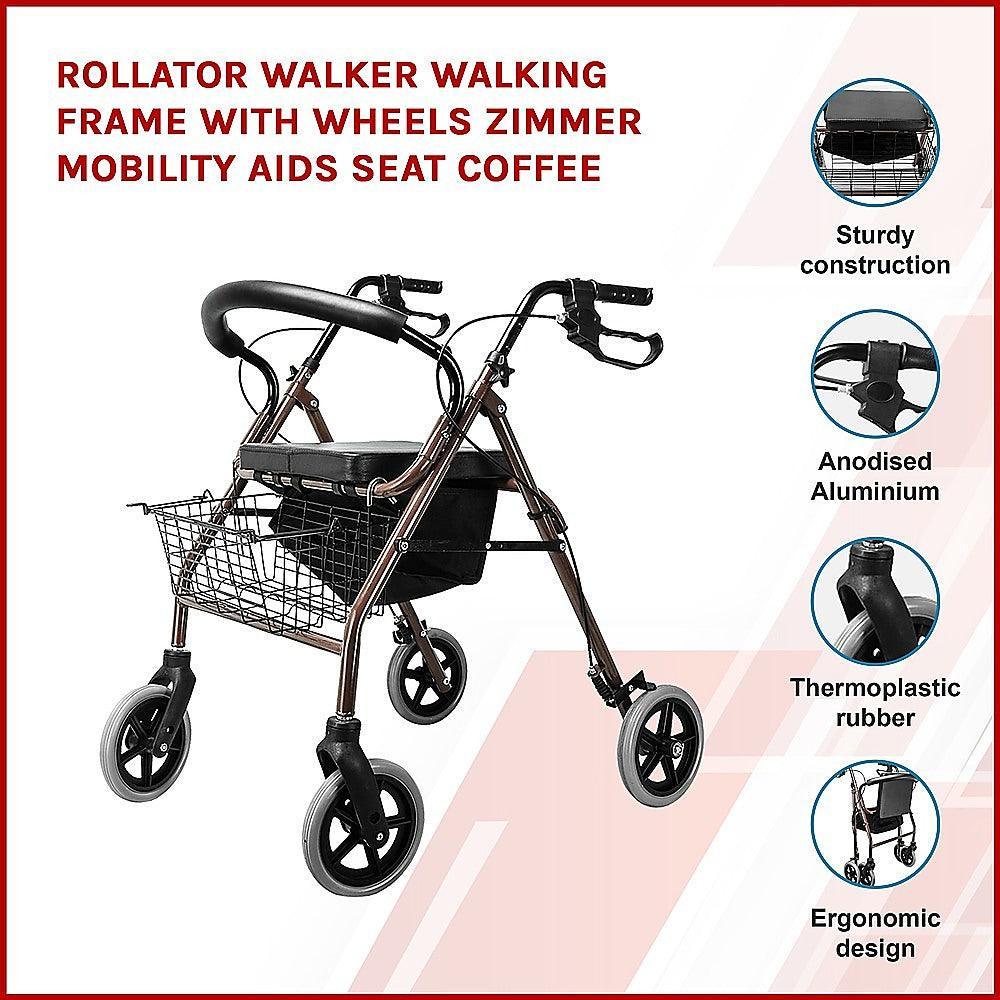 Rollator Walker Walking Frame With Wheels Zimmer Mobility Aids Seat Coffee - John Cootes