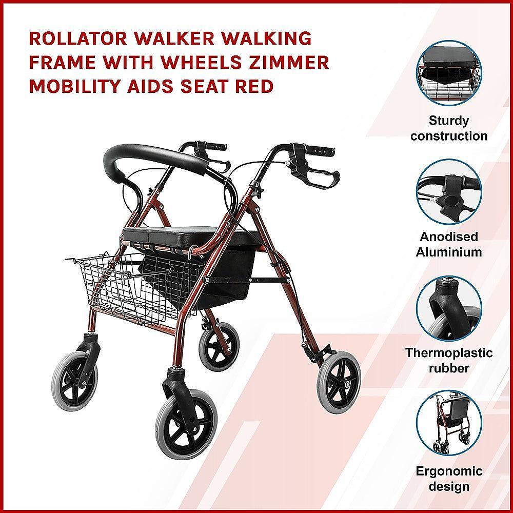 Rollator Walker Walking Frame With Wheels Zimmer Mobility Aids Seat Red - John Cootes