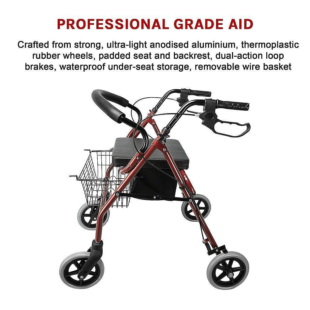 Rollator Walker Walking Frame With Wheels Zimmer Mobility Aids Seat Red - John Cootes