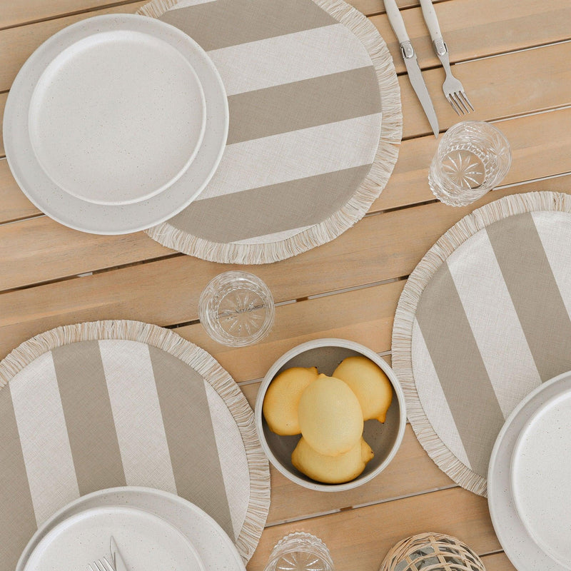 Round Placemat-Coastal Fringe Natural-Deck Stripe Beige-40cm - John Cootes