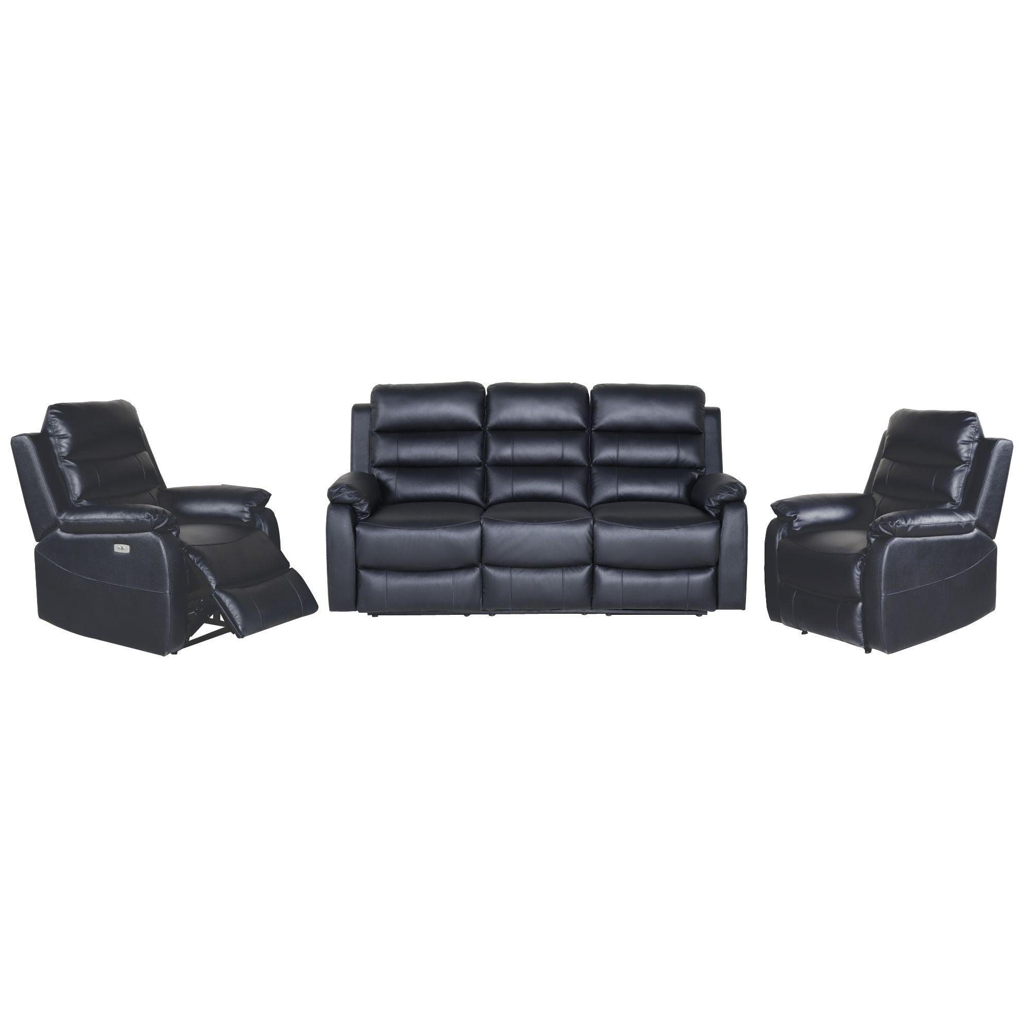 Royal 3pc 5 Seater Leather Electric Recliner Home Theatre Sofa Lounge Set Black - John Cootes