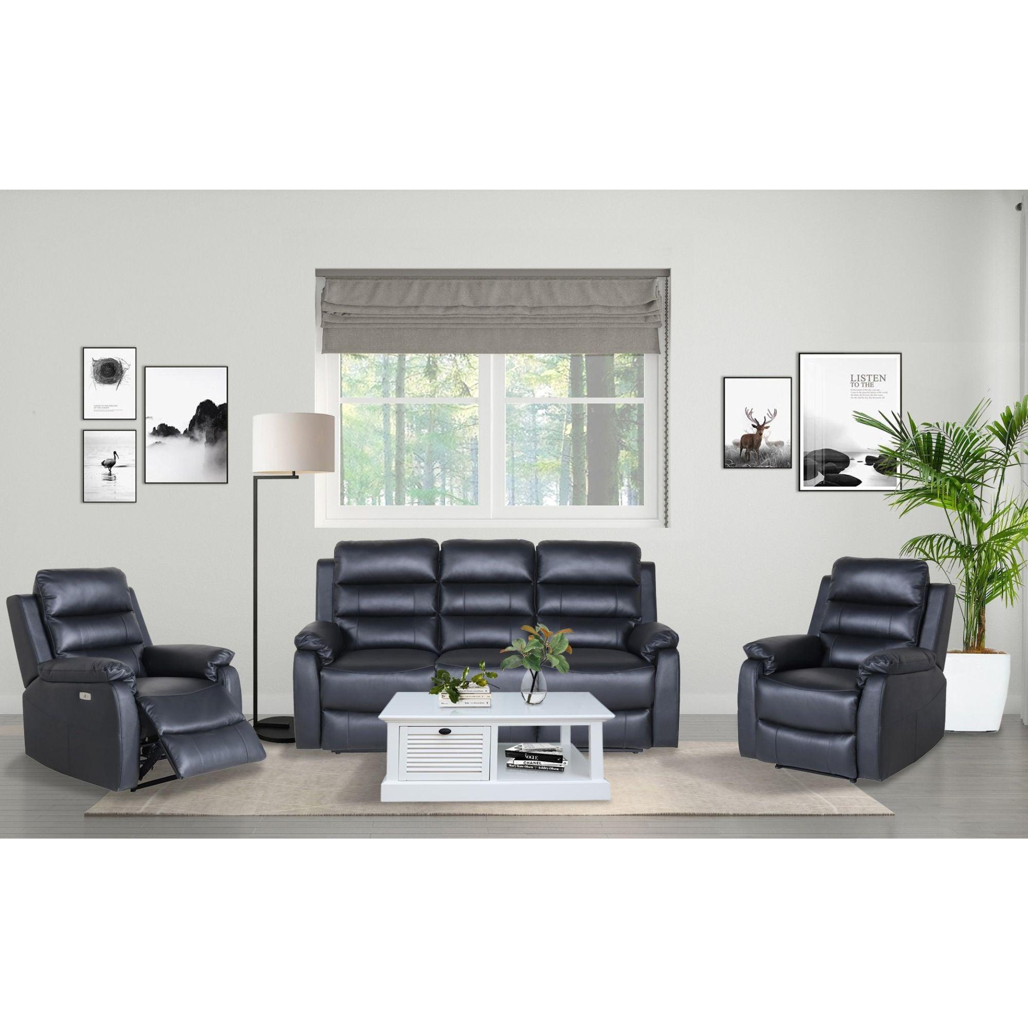 Royal 3pc 5 Seater Leather Electric Recliner Home Theatre Sofa Lounge Set Black - John Cootes