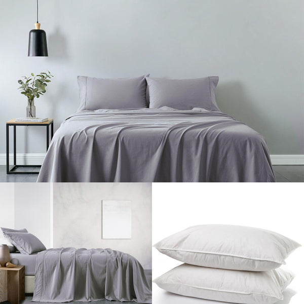 Royal Comfort 100% Cotton Vintage Sheet Set And 2 Duck Feather Down Pillows Set - Double - Grey - John Cootes