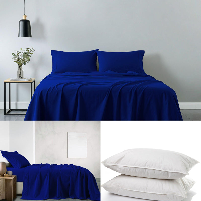 Royal Comfort 100% Cotton Vintage Sheet Set And 2 Duck Feather Down Pillows Set - Double - Royal Blue - John Cootes