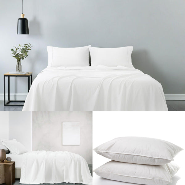 Royal Comfort 100% Cotton Vintage Sheet Set And 2 Duck Feather Down Pillows Set - Double - White - John Cootes