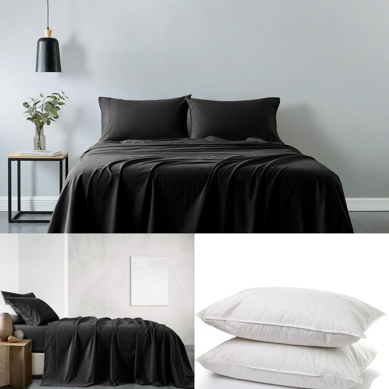 Royal Comfort 100% Cotton Vintage Sheet Set And 2 Duck Feather Down Pillows Set - King - Charcoal - John Cootes