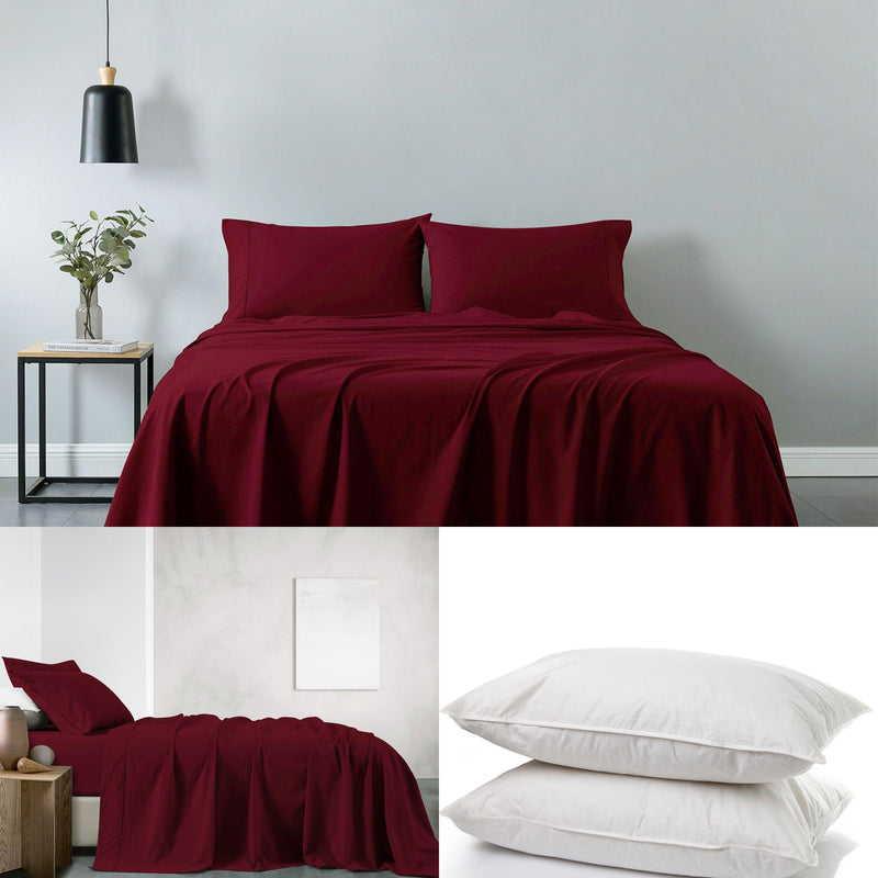 Royal Comfort 100% Cotton Vintage Sheet Set And 2 Duck Feather Down Pillows Set - Queen - Mulled Wine - John Cootes