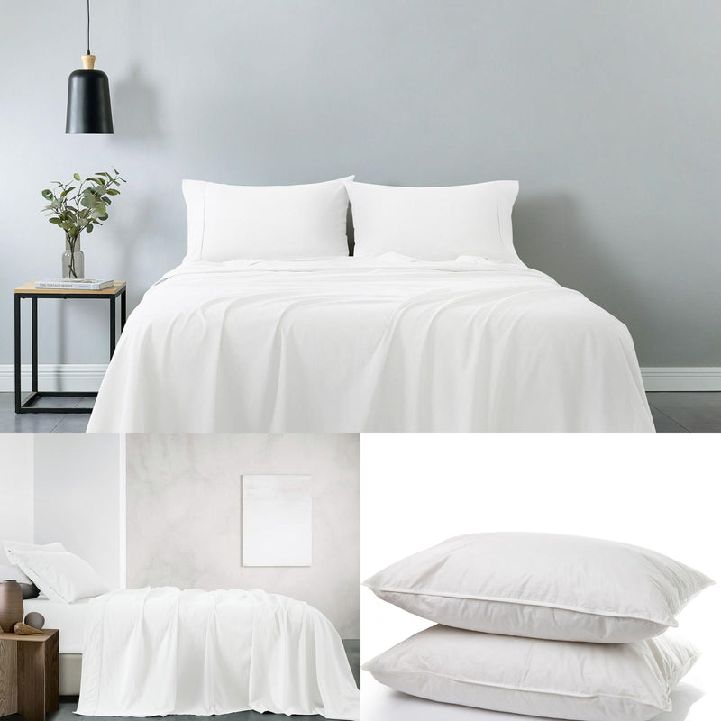 Royal Comfort 100% Cotton Vintage Sheet Set And 2 Duck Feather Down Pillows Set - Queen - White - John Cootes