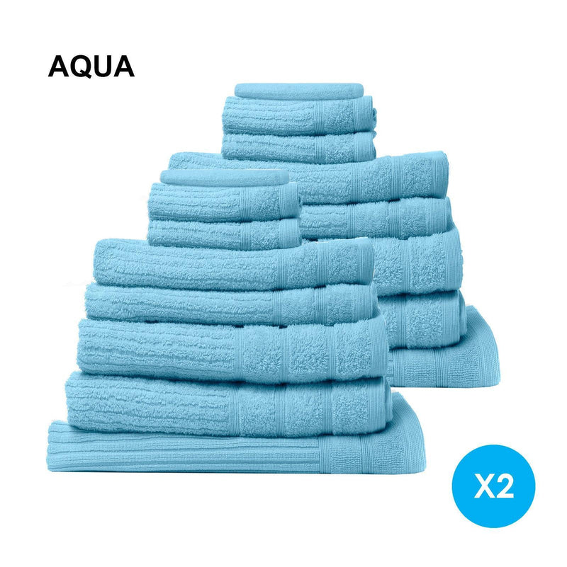 Royal Comfort 16 Piece Egyptian Cotton Eden Towel Set 600GSM Luxurious Absorbent - Aqua - John Cootes