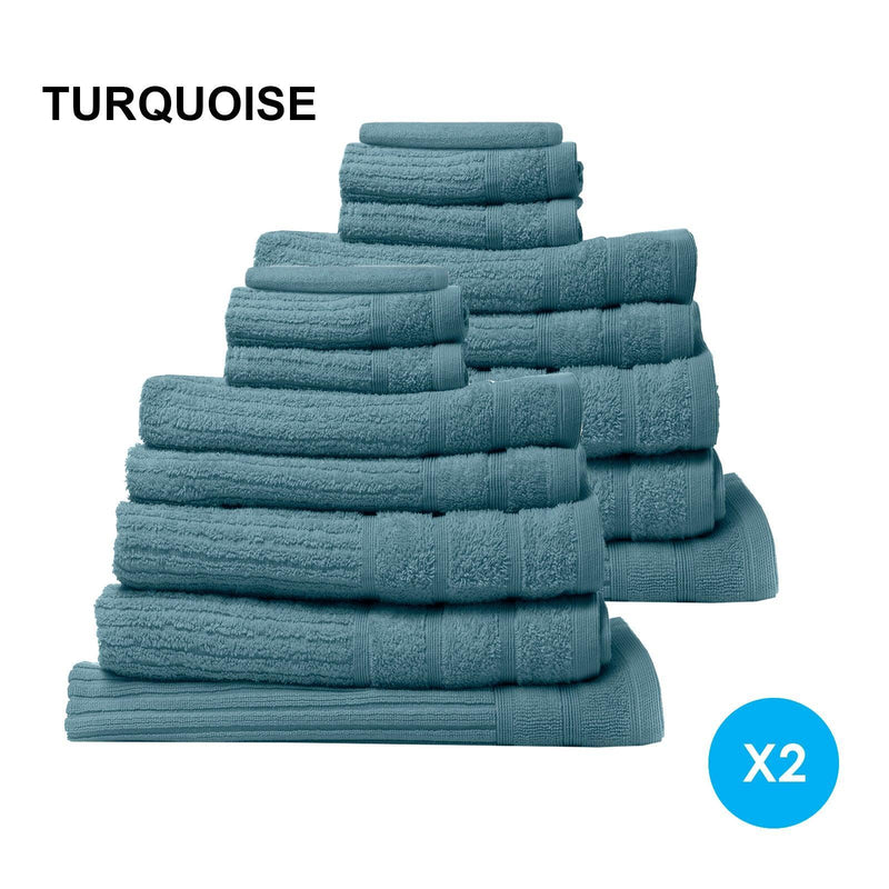Royal Comfort 16 Piece Egyptian Cotton Eden Towel Set 600GSM Luxurious Absorbent - Turquoise - John Cootes