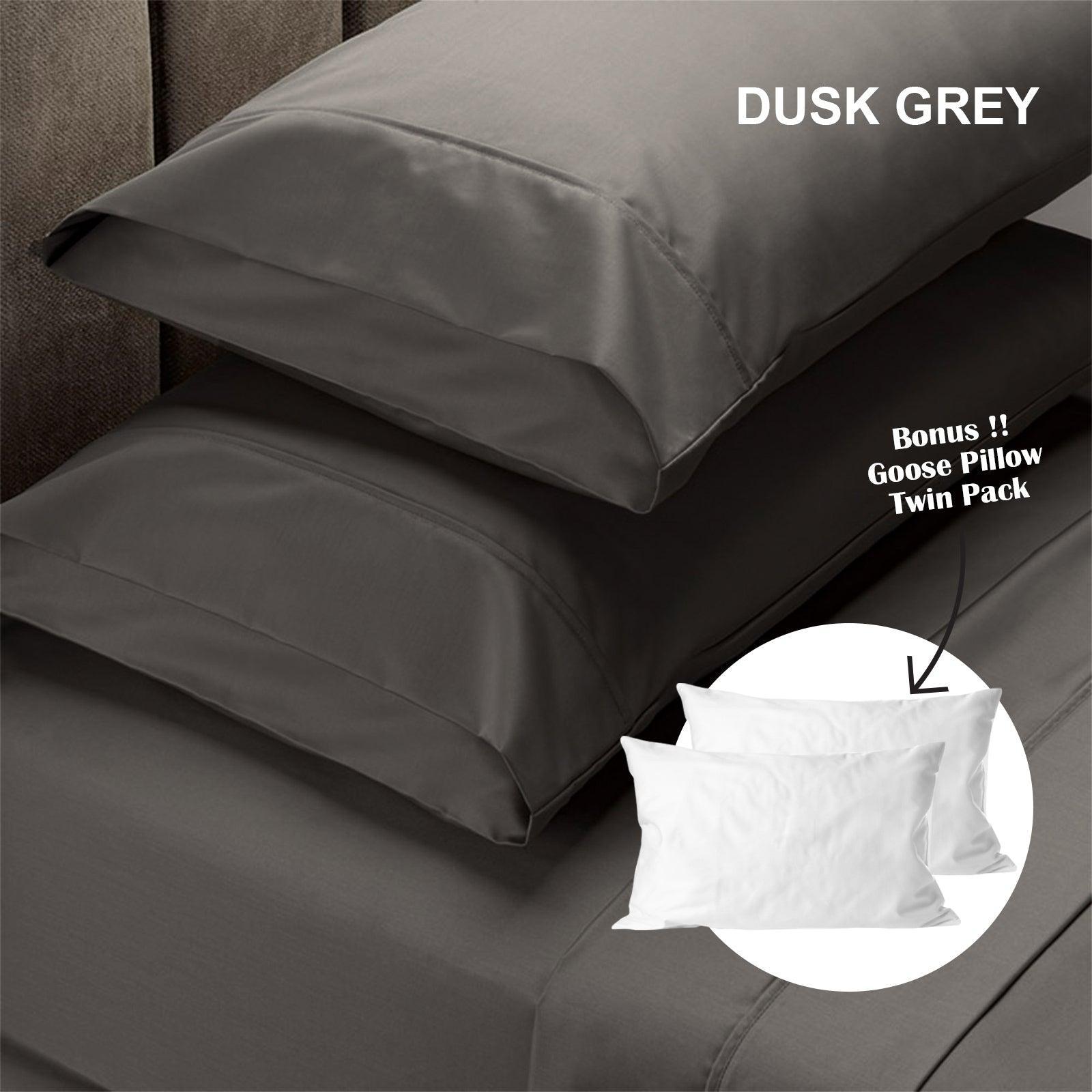 Royal Comfort 4 Piece 1500TC Sheet Set And Goose Feather Down Pillows 2 Pack Set - Double - Dusk Grey - John Cootes