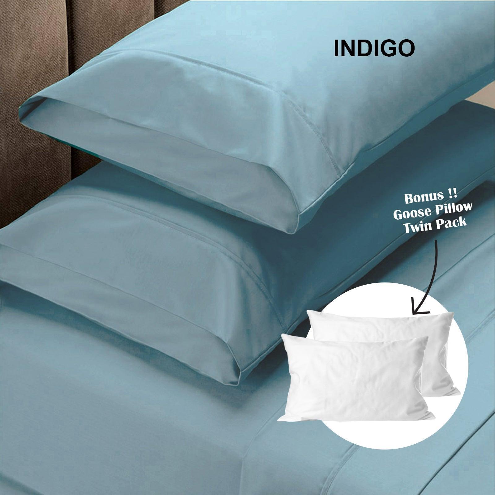 Royal Comfort 4 Piece 1500TC Sheet Set And Goose Feather Down Pillows 2 Pack Set - Double - Indigo - John Cootes