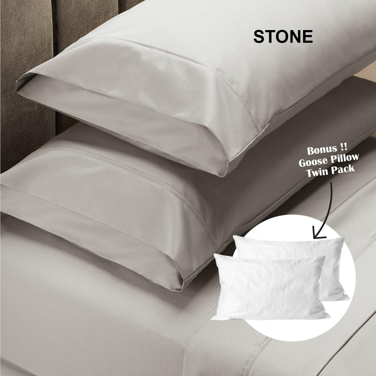 Royal Comfort 4 Piece 1500TC Sheet Set And Goose Feather Down Pillows 2 Pack Set - Double - Stone - John Cootes