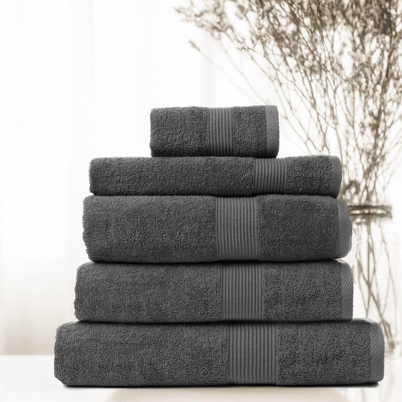 Royal Comfort 5 Piece Cotton Bamboo Towel Set 450GSM Luxurious Absorbent Plush - Granite - John Cootes