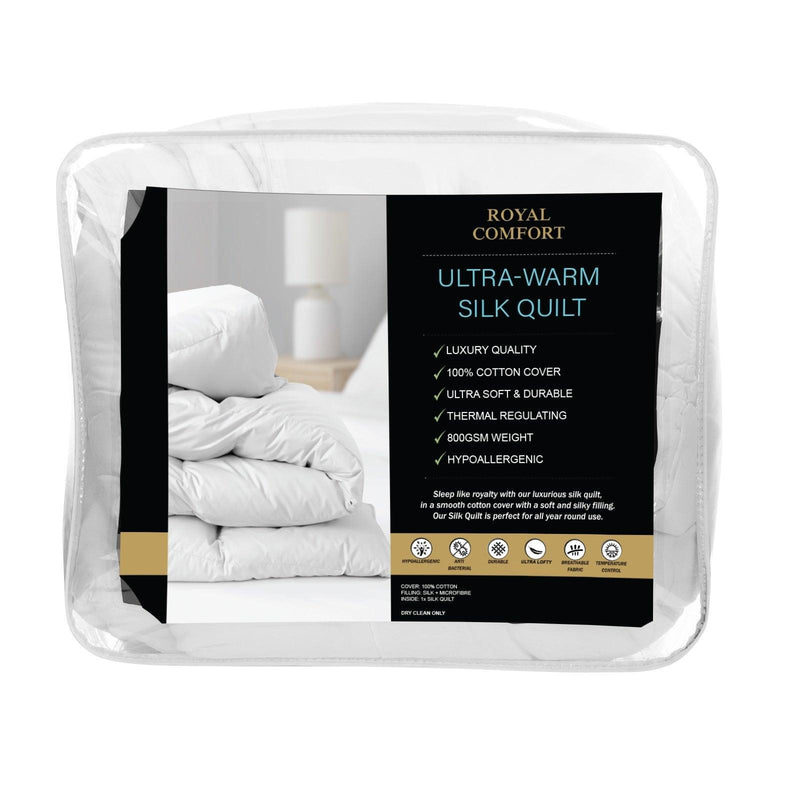 Royal Comfort 800GSM Silk Blend Quilt Duvet Ultra Warm Winter Weight - Single - White - John Cootes