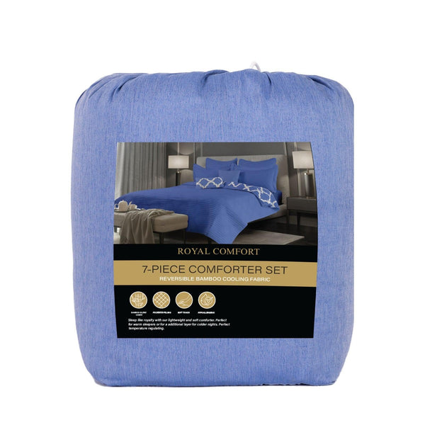 Royal Comfort Bamboo Cooling Reversible 7 Piece Comforter Set Bedspread - Queen - Royal Blue - John Cootes