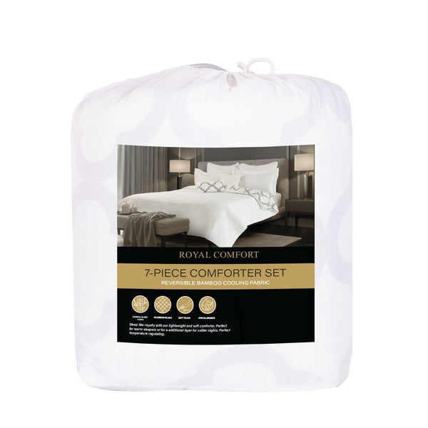 Royal Comfort Bamboo Cooling Reversible 7 Piece Comforter Set Bedspread - Queen - White - John Cootes