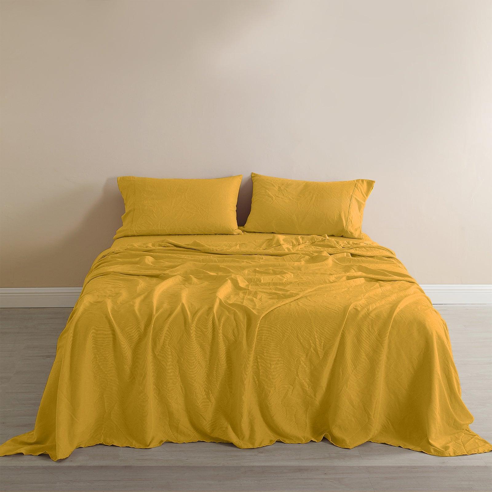 Royal Comfort Flax Linen Blend Sheet Set Bedding Luxury Breathable Ultra Soft - King - Mustard Gold - John Cootes