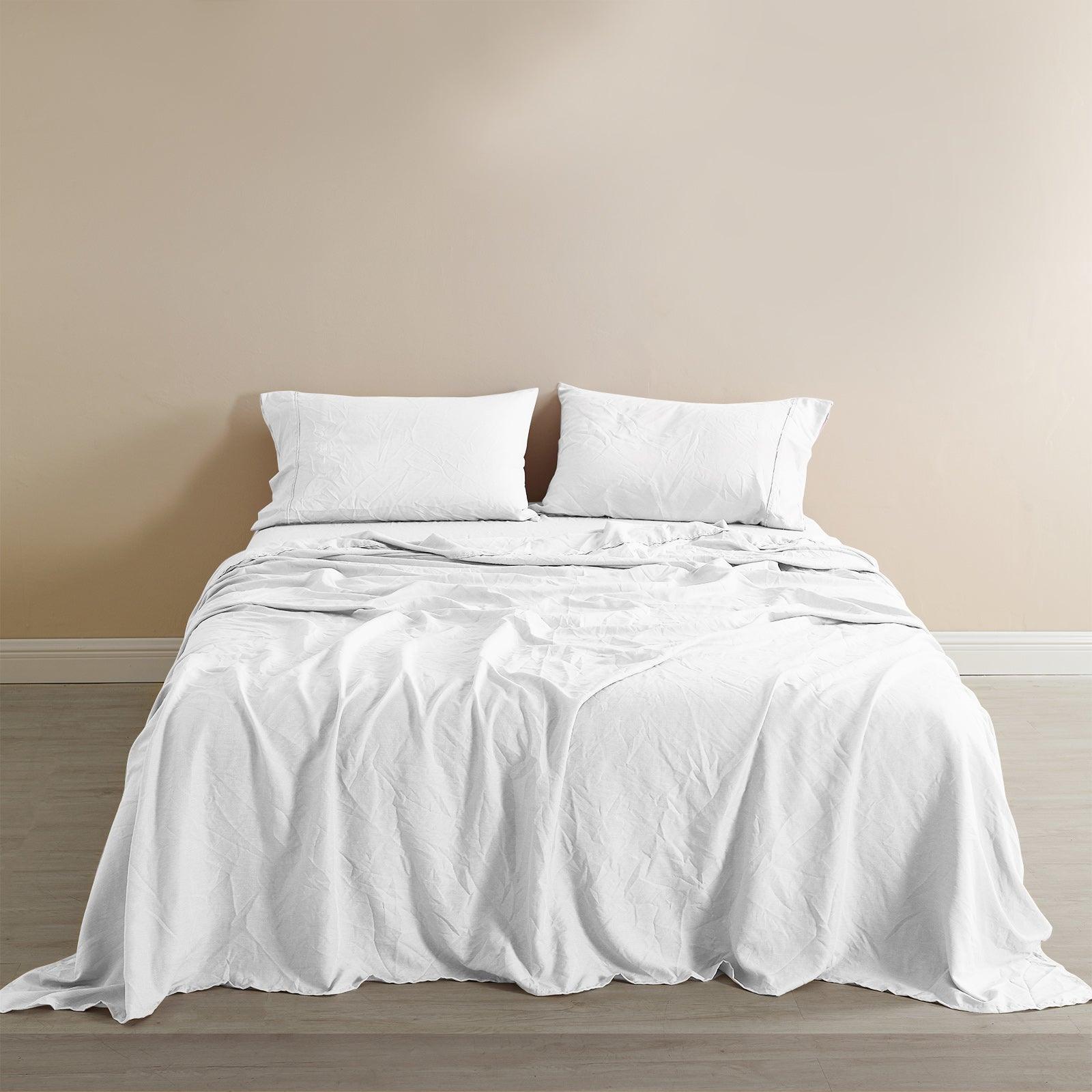 Royal Comfort Flax Linen Blend Sheet Set Bedding Luxury Breathable Ultra Soft - Queen - White - John Cootes