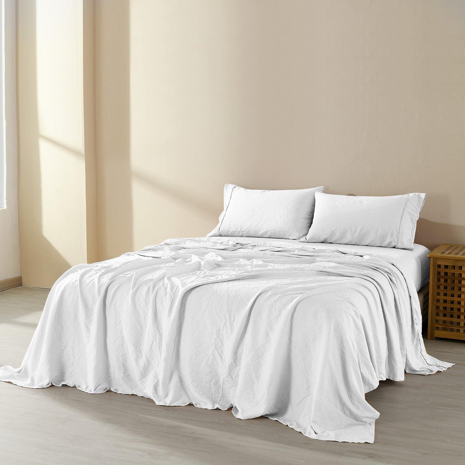 Royal Comfort Flax Linen Blend Sheet Set Bedding Luxury Breathable Ultra Soft - Queen - White - John Cootes