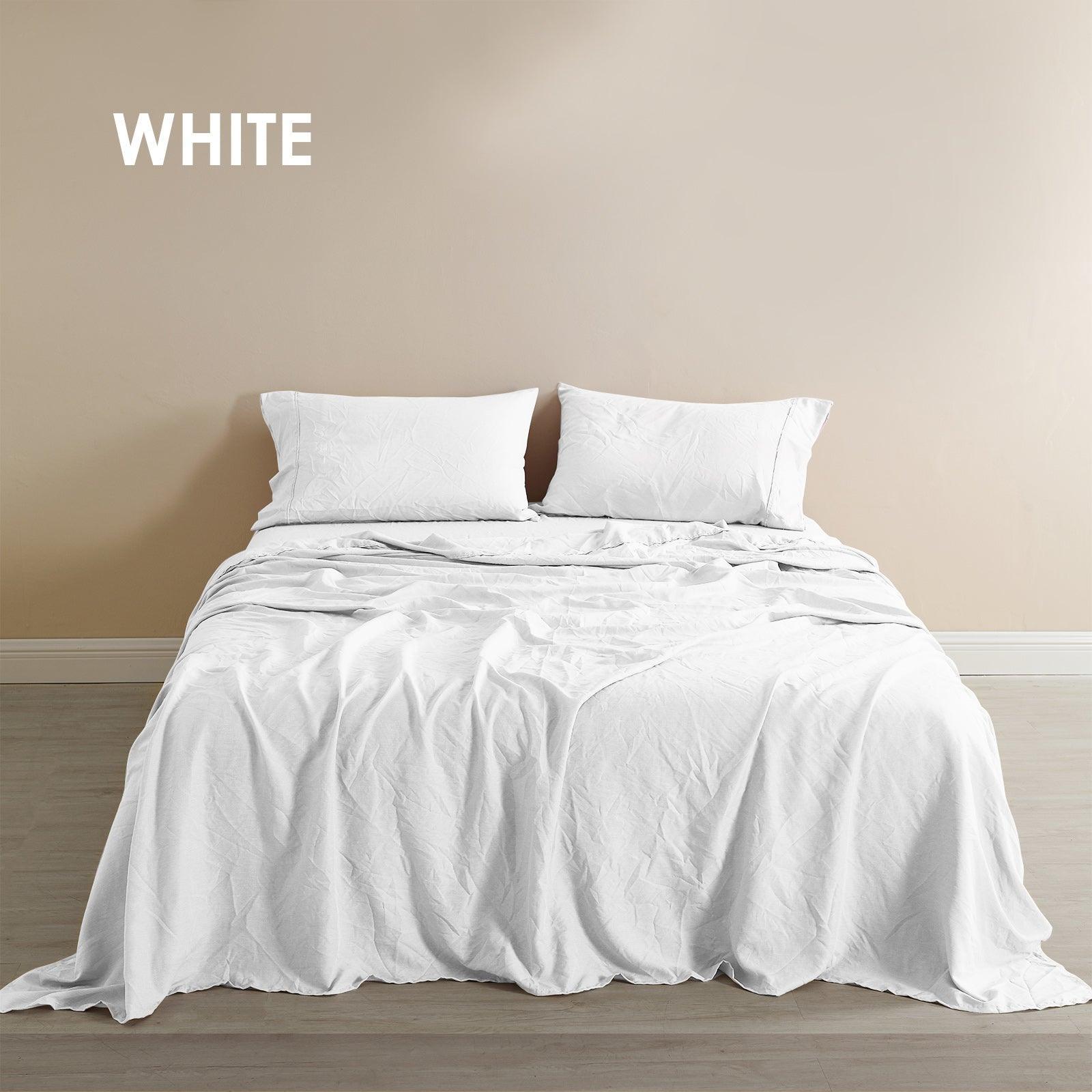 Royal Comfort Flax Linen Blend Sheet Set Bedding Luxury Breathable Ultra Soft - Queen - White - John Cootes