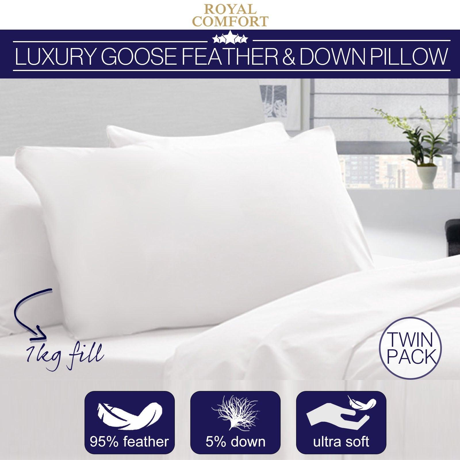 Royal Comfort Goose Down Feather Pillows 1000GSM 100% Cotton Cover - Twin Pack - John Cootes