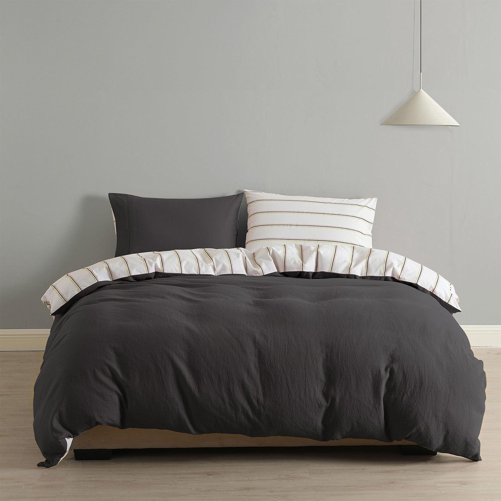 Royal Comfort Hemp Braid Cotton Blend Quilt Cover Set Reverse Stripe Bedding - King - Charcoal - John Cootes