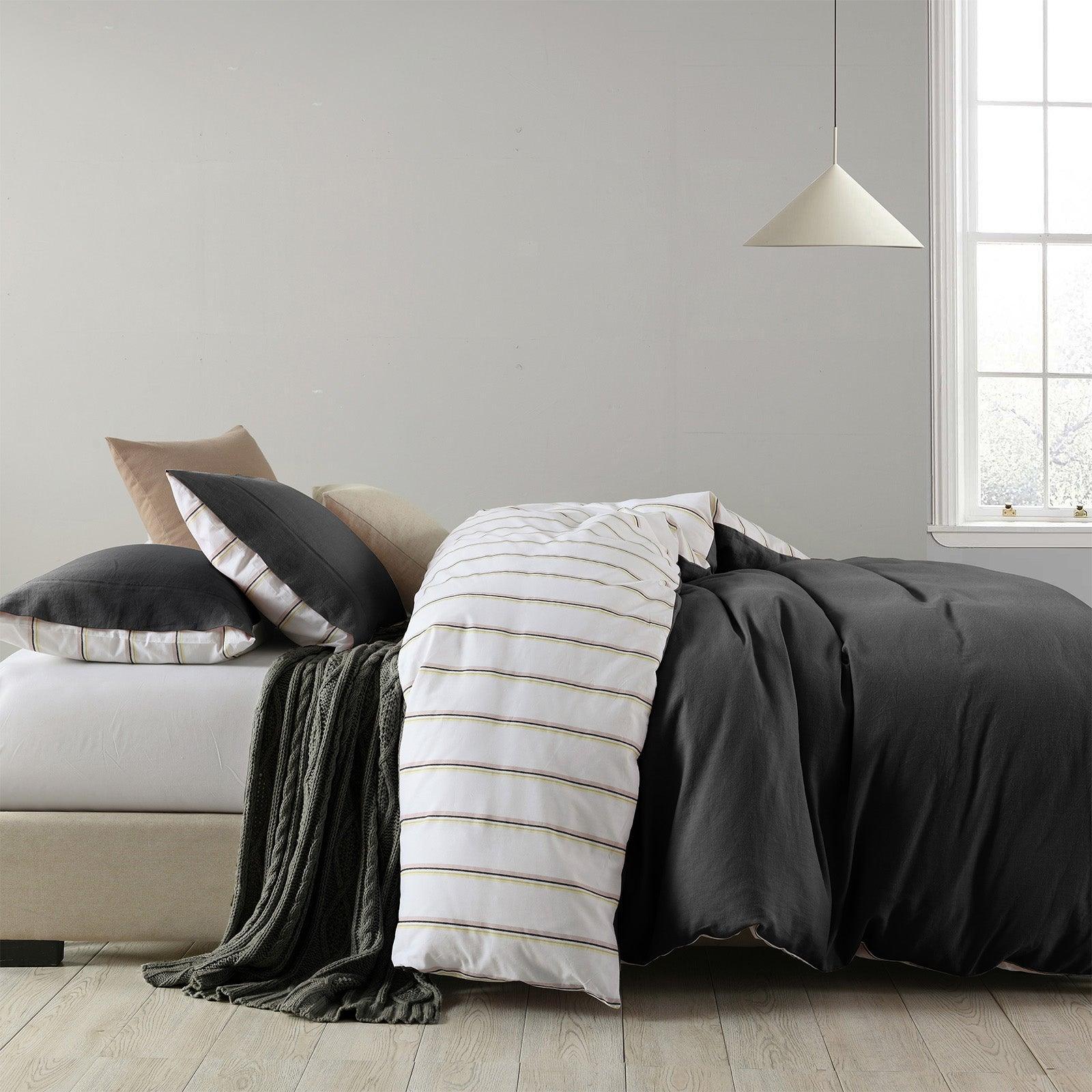 Royal Comfort Hemp Braid Cotton Blend Quilt Cover Set Reverse Stripe Bedding - King - Charcoal - John Cootes