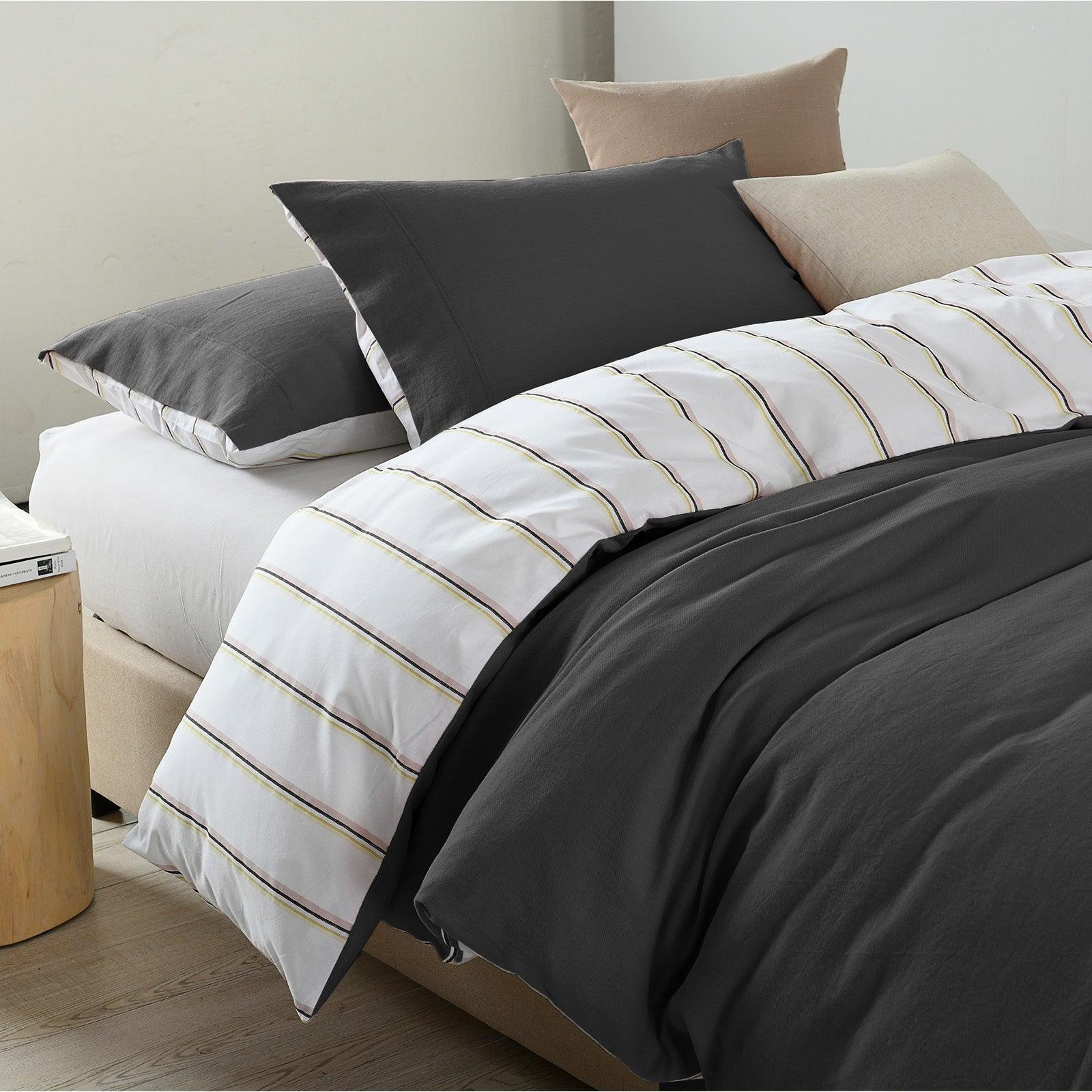 Royal Comfort Hemp Braid Cotton Blend Quilt Cover Set Reverse Stripe Bedding - King - Charcoal - John Cootes