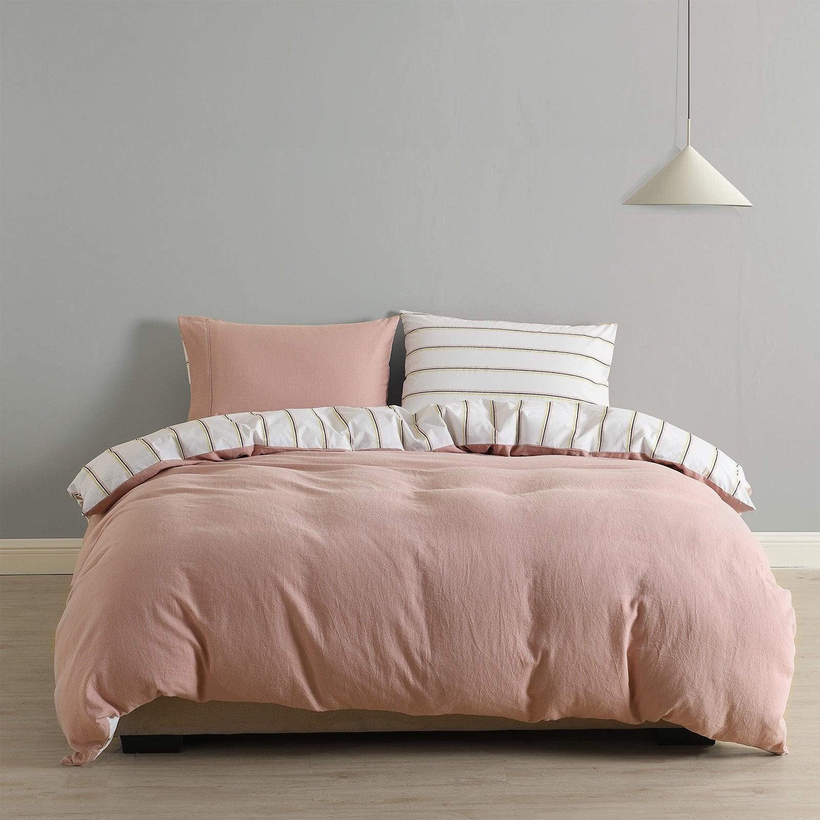 Royal Comfort Hemp Braid Cotton Blend Quilt Cover Set Reverse Stripe Bedding - King - Dusk Pink - John Cootes