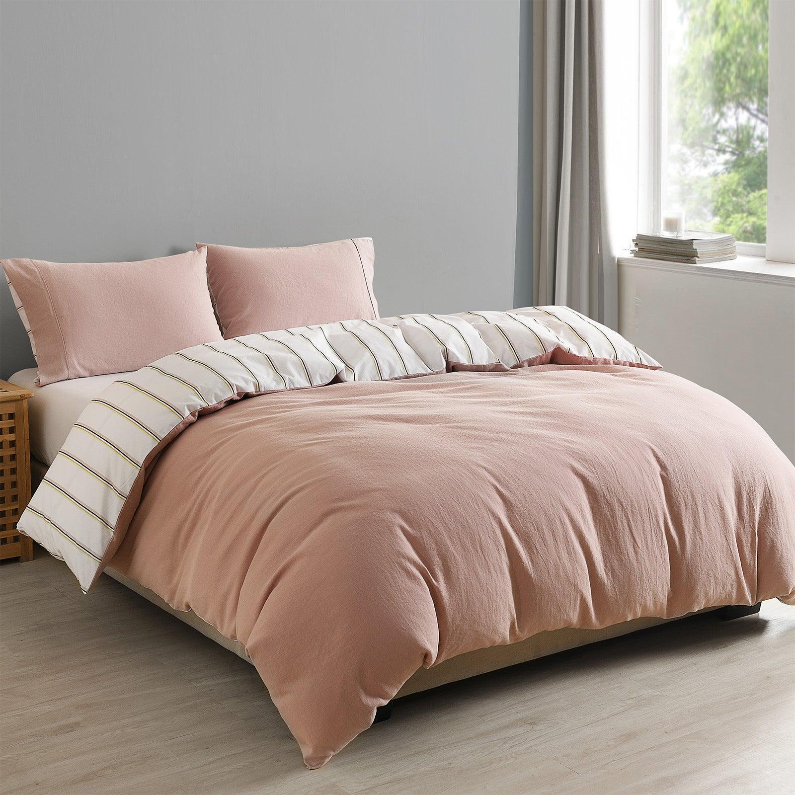 Royal Comfort Hemp Braid Cotton Blend Quilt Cover Set Reverse Stripe Bedding - King - Dusk Pink - John Cootes