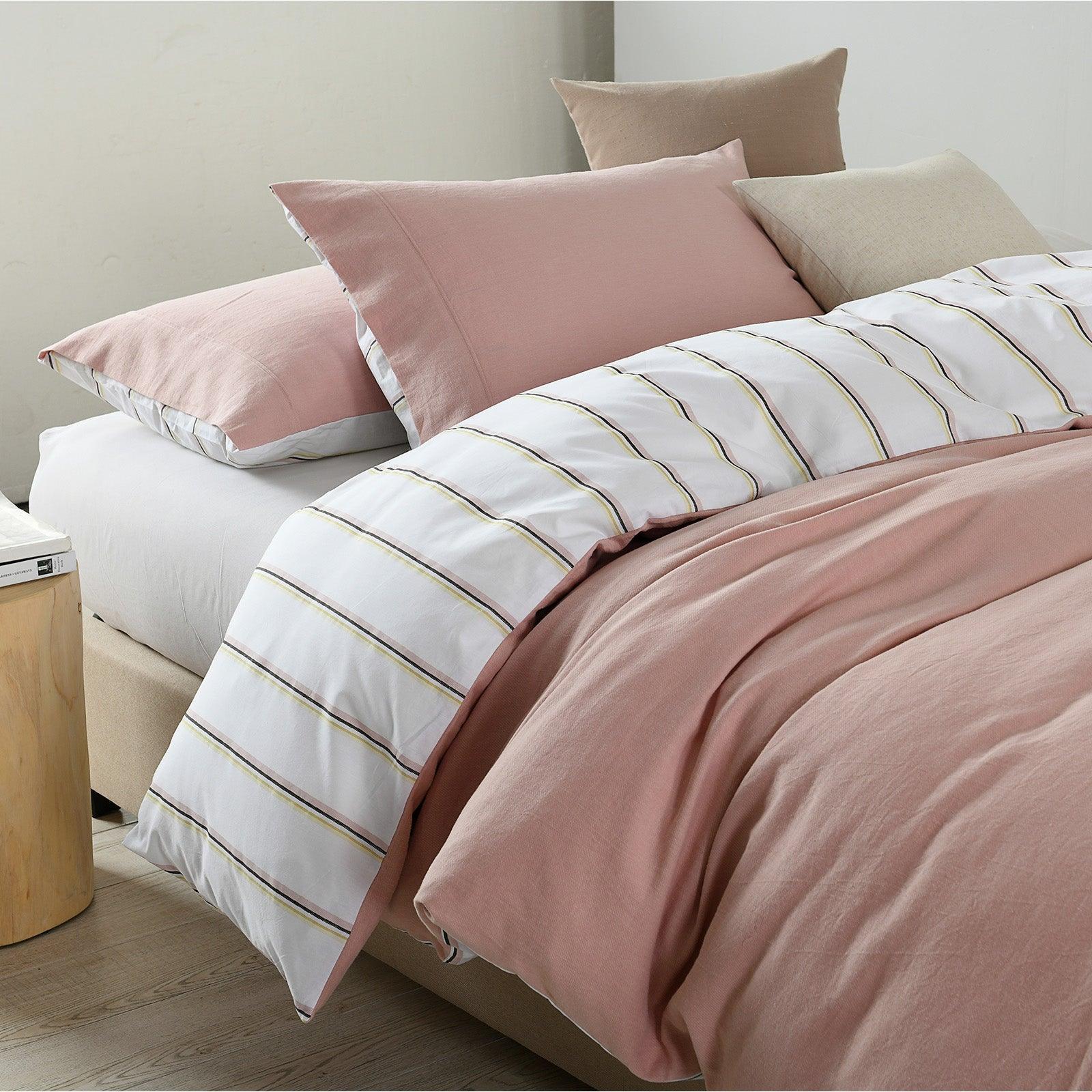 Royal Comfort Hemp Braid Cotton Blend Quilt Cover Set Reverse Stripe Bedding - King - Dusk Pink - John Cootes