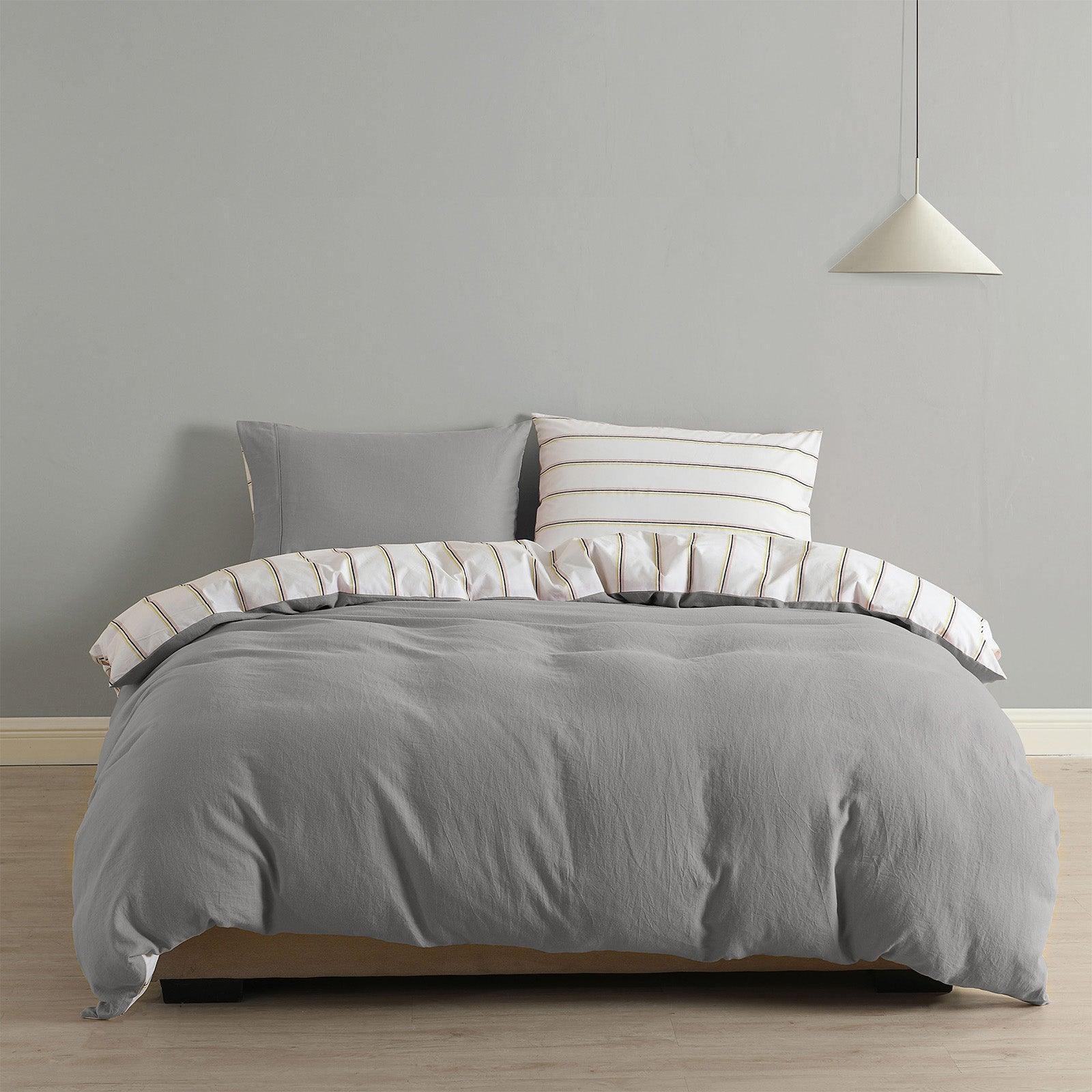 Royal Comfort Hemp Braid Cotton Blend Quilt Cover Set Reverse Stripe Bedding - King - Light Grey - John Cootes