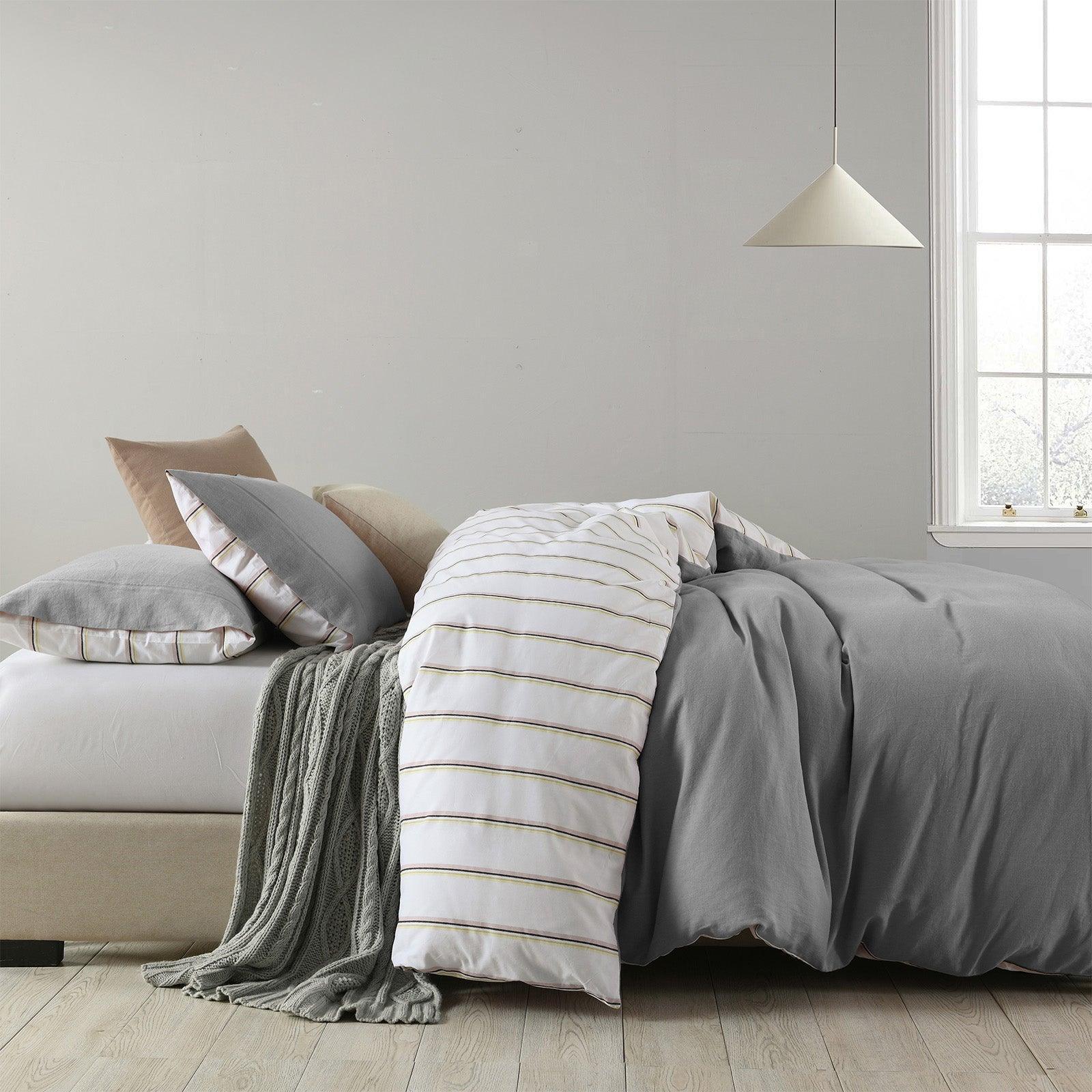 Royal Comfort Hemp Braid Cotton Blend Quilt Cover Set Reverse Stripe Bedding - King - Light Grey - John Cootes