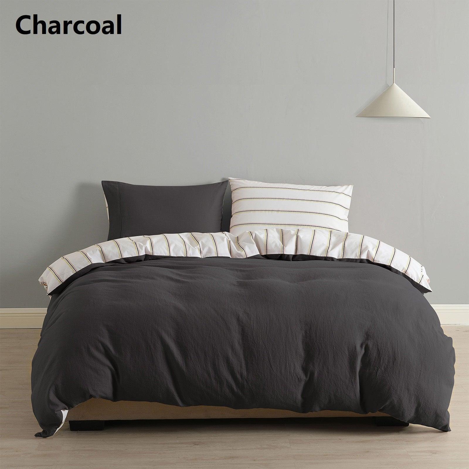 Royal Comfort Hemp Braid Cotton Blend Quilt Cover Set Reverse Stripe Bedding - Queen - Charcoal - John Cootes