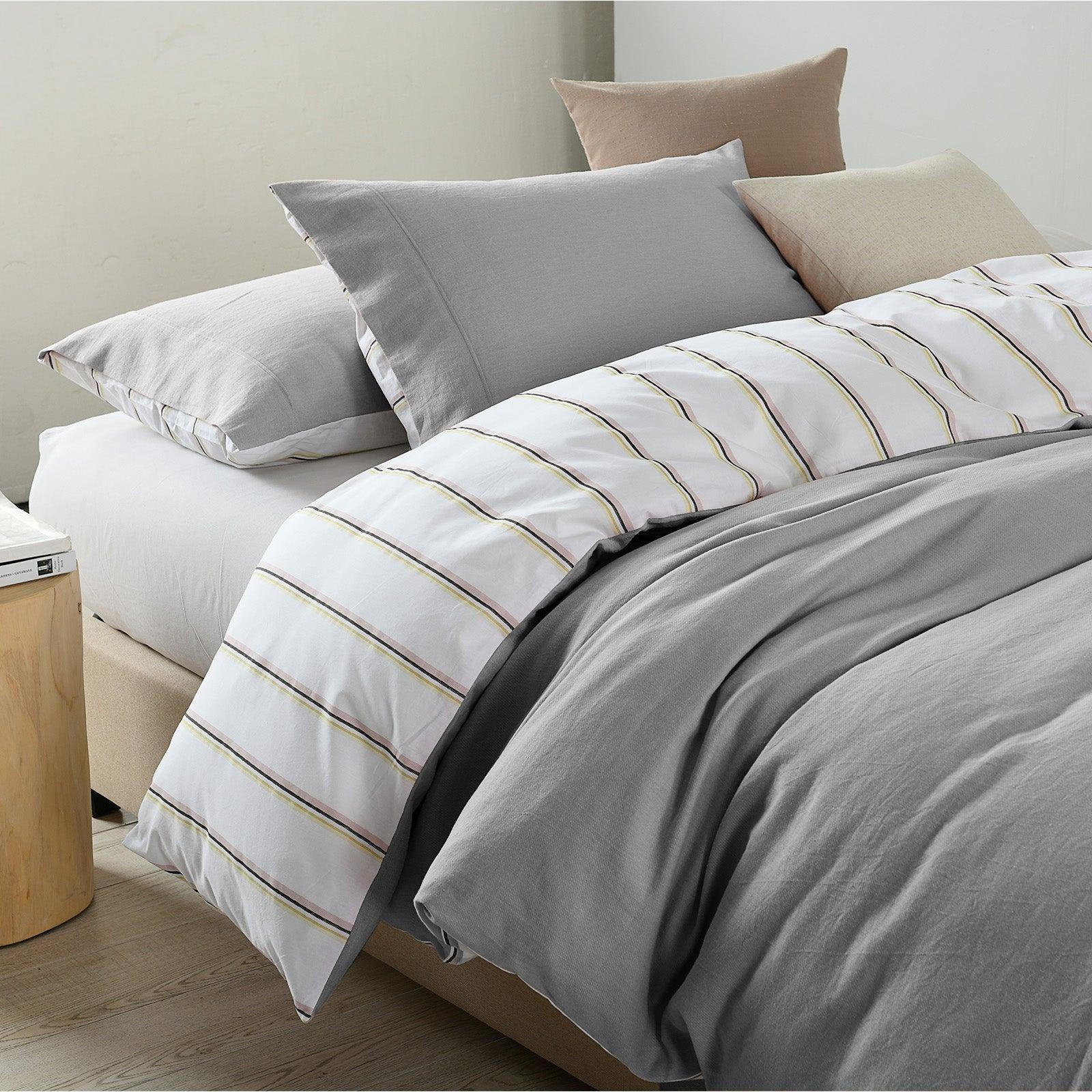 Royal Comfort Hemp Braid Cotton Blend Quilt Cover Set Reverse Stripe Bedding - Queen - Light Grey - John Cootes