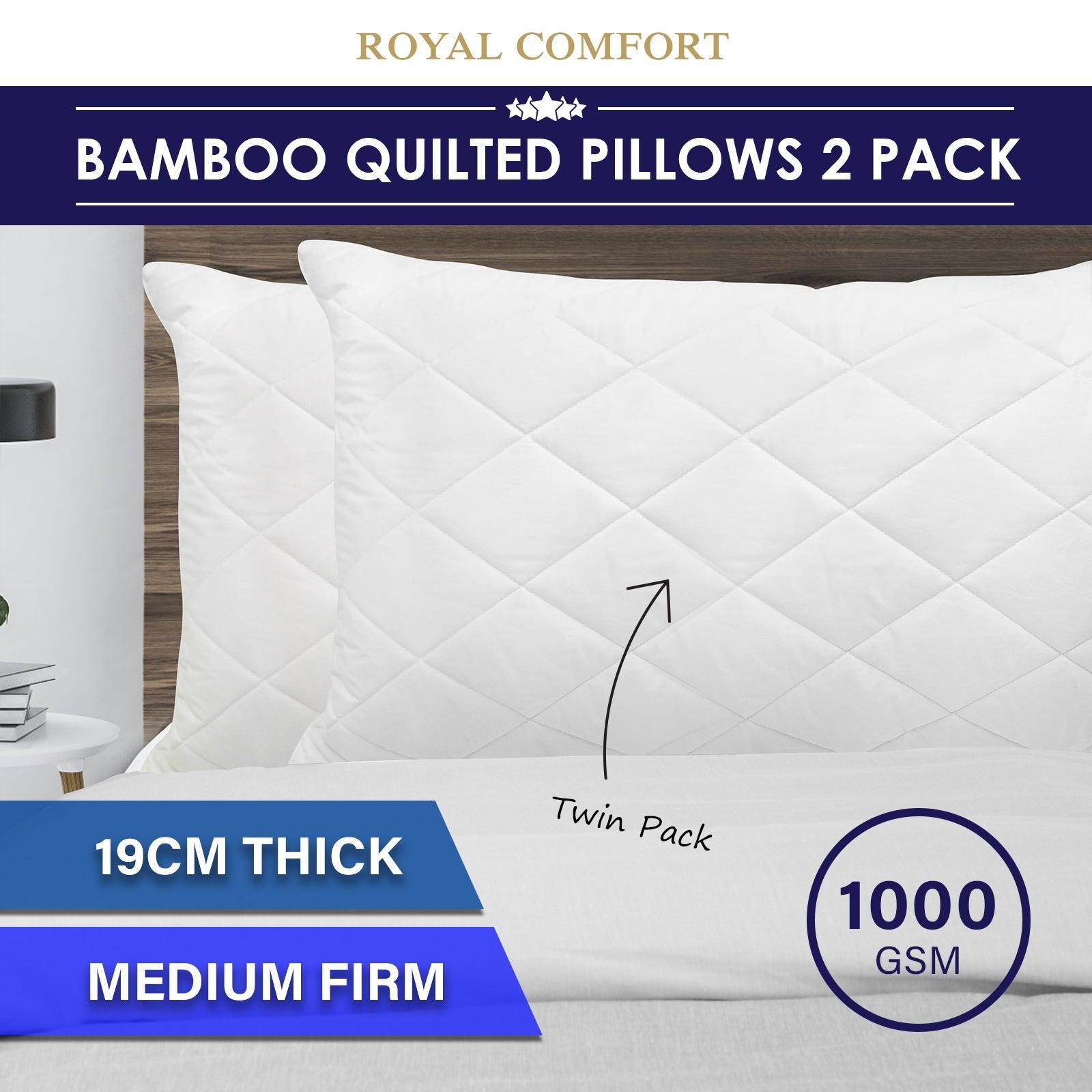 Royal Comfort Luxury Bamboo Blend Quilted Pillow Twin Pack Extra Fill Support - John Cootes