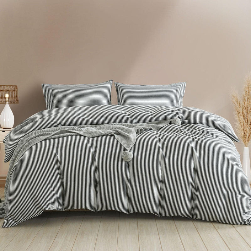 Royal Comfort Striped Flax Linen Blend Quilt Cover Set Soft Touch Bedding - King - Charcoal - John Cootes